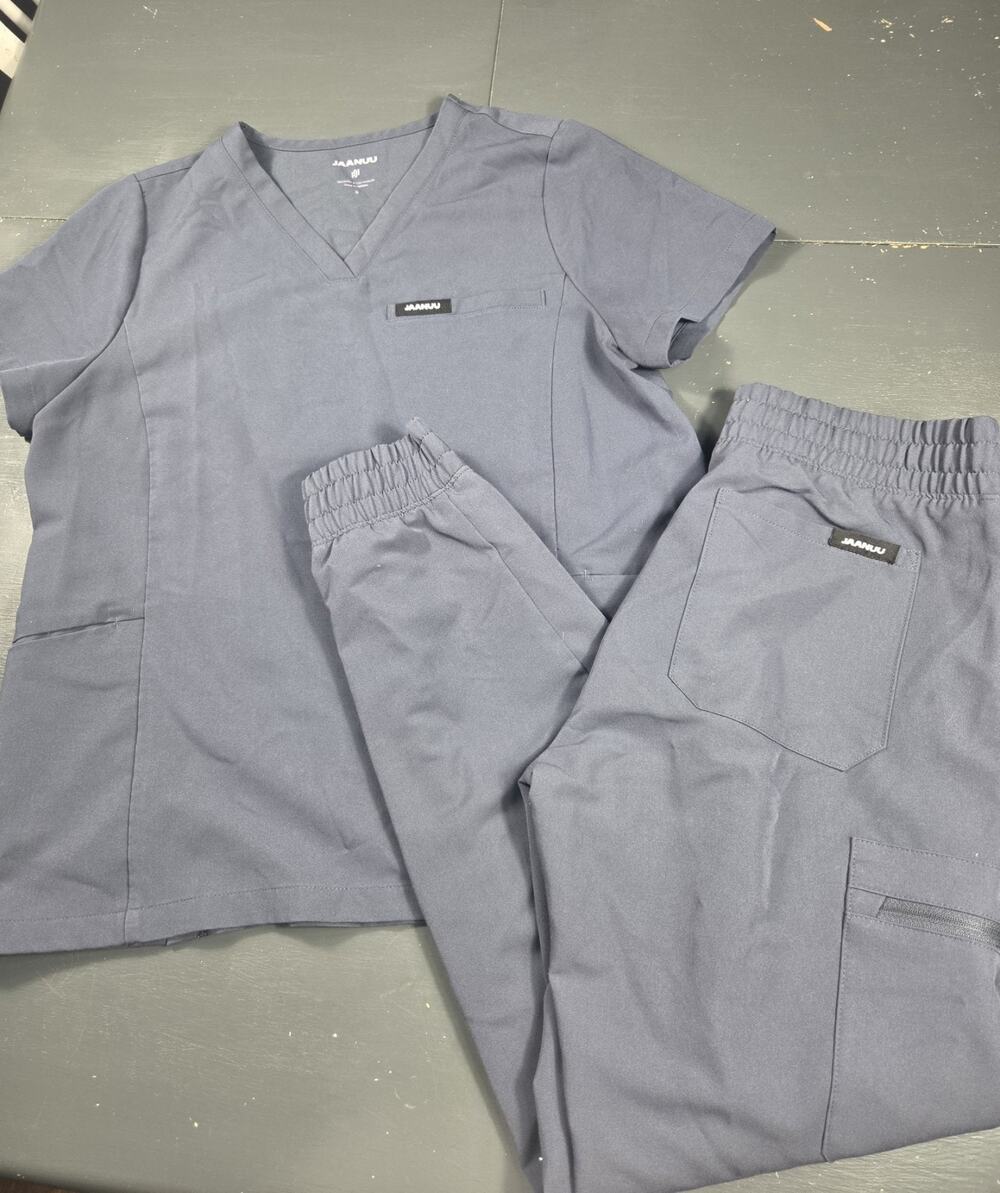 Jaanuu Scrub Set Women's Small Gray V Neck Top Jogger Pants Stretch Uniform